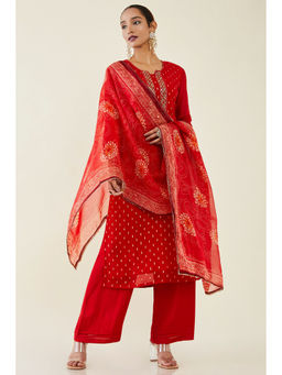 Soch - Women Red Organza Printed Dress Material (Set of 3)