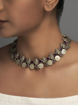 Divas Mantra - 92.5 Silver Oxidised Dipta Necklace with Red Spinel Stones and Red Cut Stone