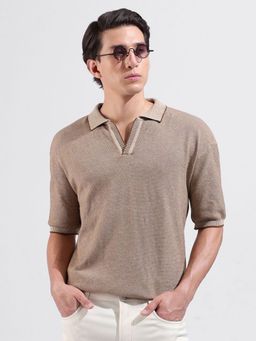 The Indian Garage Co - Men Beige Textured Polo T-shirt