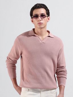 The Indian Garage Co - Men Pink Textured Full Sleeves Polo T-shirt