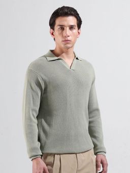The Indian Garage Co - Men Green Textured Full Sleeves Polo T-shirt