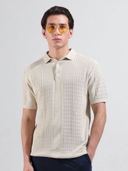 The Indian Garage Co - Men Cream Textured Polo T-shirt