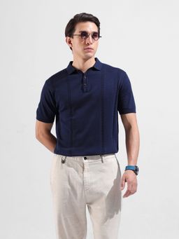 The Indian Garage Co - Men Navy Blue Textured Polo T-shirt