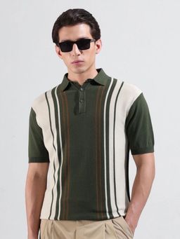 The Indian Garage Co - Men Olive Stripes Polo T-shirt