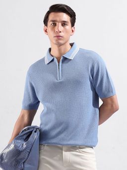 The Indian Garage Co - Men Powder Blue Textured Polo T-shirt