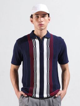 The Indian Garage Co - Men Navy Blue Textured Polo T-shirt