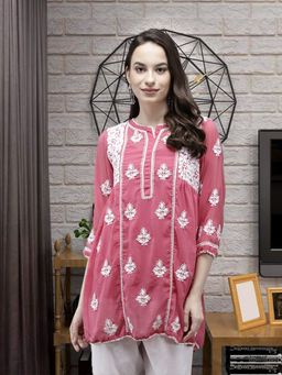 ADA - Hand Embroidered Onion Pink Georgette Lucknow Chikankari Kurti With Slip (Set of 2) [A911147]