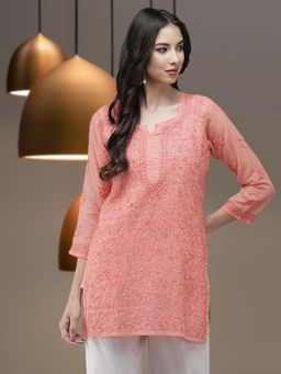 ADA - Traditional Hand embroidery Peach Kota Lucknow Chikankari Kurti with Slip (Set of 2) A911177