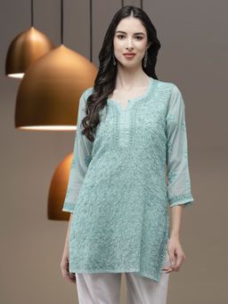 ADA - Handmade embroidery Turquoise Blue Kota Lucknow Chikankari Kurti & Slip (Set of 2) A911180