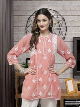 ADA - Hand Embroidered Peach Georgette Lucknow Chikankari Kurti with Slip (Set of 2) [A911259]