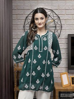 ADA - Hand Embroidered Dark Green Georgette Lucknow Chikankari Kurti With Slip (Set of 2)