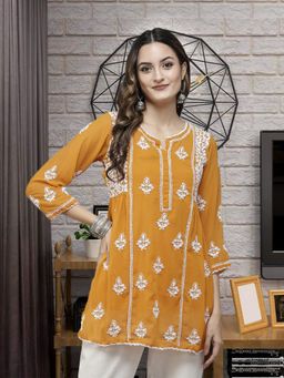 ADA - Hand Embroidered Mustard Georgette Lucknow Chikankari Kurti With Slip (Set of 2)