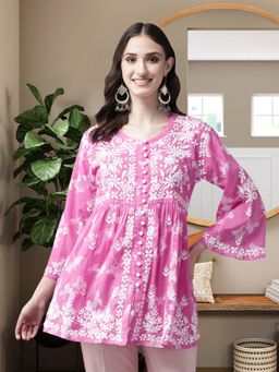 ADA - Hand Embroidered Pink Cotton Lucknowi Chikankari Kurti