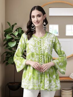 ADA - Hand Embroidered Green Cotton Lucknowi Chikankari Kurti