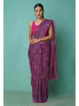 Unnati Silks - Pink Pure Hand Block Printed Kota Saree with Unstitched Blouse-Unm81454