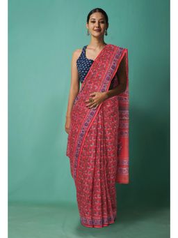 Unnati Silks - Red Pure Hand Block Printed Kota Saree with Unstitched Blouse-Unm81455