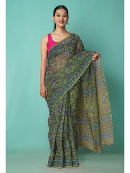 Unnati Silks - Green Pure Hand Block Printed Kota Saree with Unstitched Blouse-Unm81458