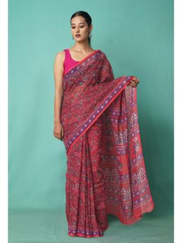 Unnati Silks - Red Pure Hand Block Printed Kota Saree with Unstitched Blouse-Unm81459