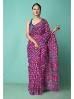 Unnati Silks - Pink Pure Hand Block Printed Kota Saree with Unstitched Blouse-Unm81460