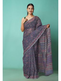 Unnati Silks - Grey Pure Hand Block Printed Kota Saree with Unstitched Blouse-Unm81461