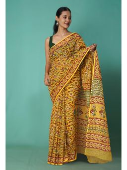 Unnati Silks - Yellow Pure Hand Block Printed Kota Saree with Unstitched Blouse-Unm81462