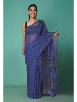 Unnati Silks - Blue Pure Hand Block Printed Kota Saree with Unstitched Blouse-Unm81463