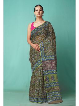 Unnati Silks - Green Pure Hand Block Printed Kota Saree with Unstitched Blouse-Unm81464