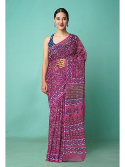 Unnati Silks - Pink Pure Hand Block Printed Kota Saree with Unstitched Blouse-Unm81465