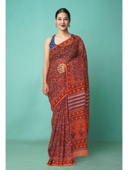 Unnati Silks - Orange Pure Hand Block Printed Kota Saree with Unstitched Blouse-Unm81466
