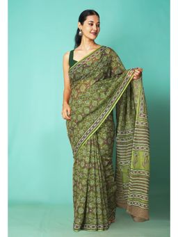 Unnati Silks - Green Pure Hand Block Printed Kota Saree with Unstitched Blouse-Unm81467