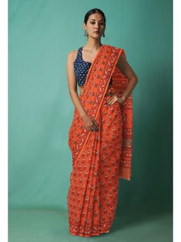 Unnati Silks - Orange Pure Hand Block Printed Kota Saree with Unstitched Blouse-Unm81468