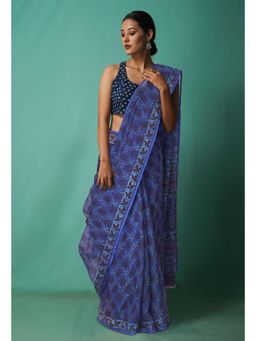 Unnati Silks - Blue Pure Hand Block Printed Kota Saree with Unstitched Blouse-Unm81469