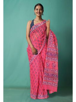 Unnati Silks - Pink Pure Hand Block Printed Kota Saree with Unstitched Blouse-Unm81470