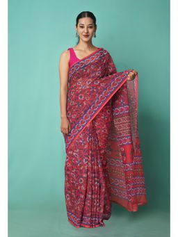 Unnati Silks - Red Pure Hand Block Printed Kota Saree with Unstitched Blouse-Unm81471