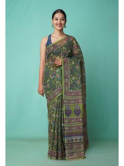 Unnati Silks - Green Pure Hand Block Printed Kota Saree with Unstitched Blouse-Unm81472