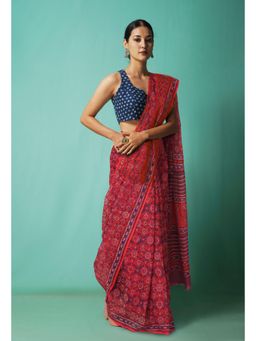 Unnati Silks - Red Pure Hand Block Printed Kota Saree with Unstitched Blouse-Unm81473