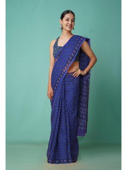 Unnati Silks - Blue Pure Hand Block Printed Kota Saree with Unstitched Blouse-Unm81474