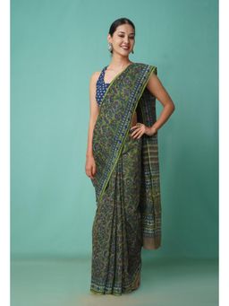 Unnati Silks - Green Pure Hand Block Printed Kota Saree with Unstitched Blouse-Unm81475
