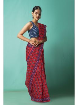 Unnati Silks - Red Pure Hand Block Printed Kota Saree with Unstitched Blouse-Unm81476