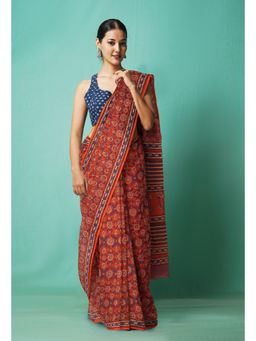 Unnati Silks - Orange Pure Hand Block Printed Kota Saree with Unstitched Blouse-Unm81477