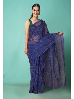 Unnati Silks - Blue Pure Hand Block Printed Kota Saree with Unstitched Blouse-Unm81478