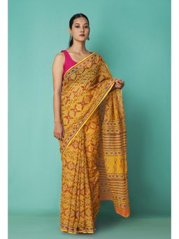 Unnati Silks - Yellow Pure Hand Block Printed Kota Saree with Unstitched Blouse-Unm81479