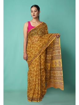 Unnati Silks - Yellow Pure Hand Block Printed Kota Saree with Unstitched Blouse-Unm81480