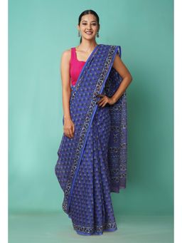 Unnati Silks - Blue Pure Hand Block Printed Kota Saree with Unstitched Blouse-Unm81481