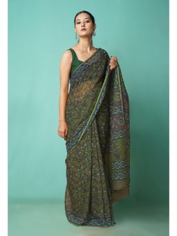 Unnati Silks - Green Pure Hand Block Printed Kota Saree with Unstitched Blouse-Unm81482