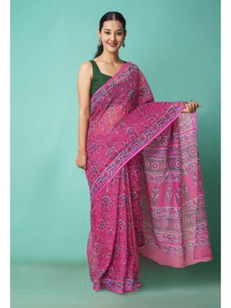 Unnati Silks - Pink Pure Hand Block Printed Kota Saree with Unstitched Blouse-Unm81483
