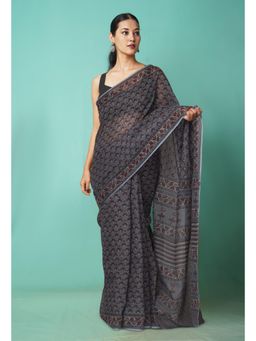 Unnati Silks - Grey Pure Hand Block Printed Kota Saree with Unstitched Blouse-Unm81484