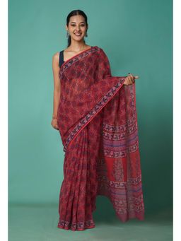 Unnati Silks - Red Pure Hand Block Printed Kota Saree with Unstitched Blouse-Unm81485