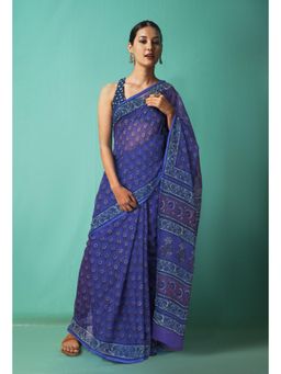 Unnati Silks - Blue Pure Hand Block Printed Kota Saree with Unstitched Blouse-Unm81486