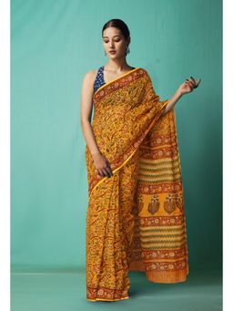 Unnati Silks - Yellow Pure Hand Block Printed Kota Saree with Unstitched Blouse-Unm81488